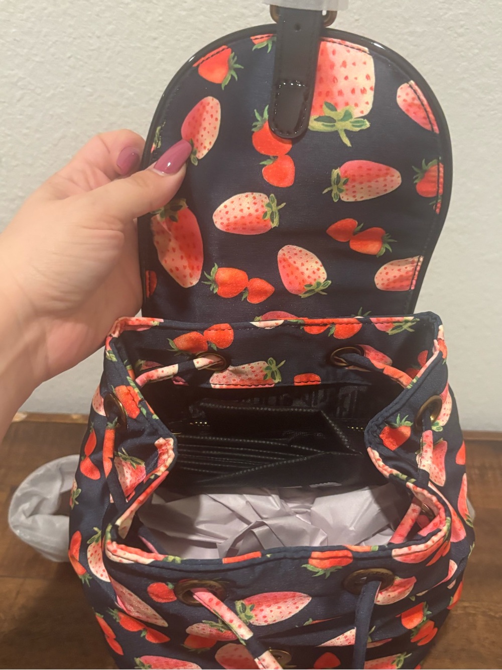 Kurt Geiger Navy Backpack with Red Strawberry Print - Picture 10 of 10